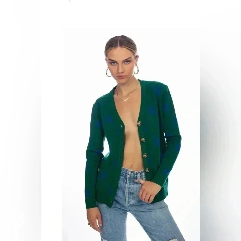Ell and Emm Women’s Green Royal Blue EE V-Neck Cardigan Sweater Jumper Size M/L